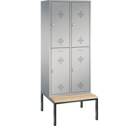 C+P Penderie CLASSIC avec banc inférieur, à deux étages, 2 compartiments, 2 casiers chacun, largeur compartiments 400 mm, aluminium