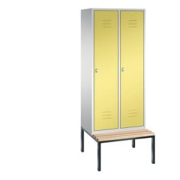 C+P Vestiaire CLASSIC avec banc monté en dessous, 2 compartiments, largeur compartiments 400 mm, gris clair / jaune soufre