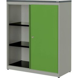 mauser Armoire à portes coulissantes, h x l x p 1180 x 1000 x 432 mm, plateau en plastique, 2 tablettes, aluminium / vert jaune / blanc