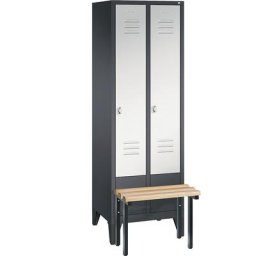 C+P Vestiaire CLASSIC avec banc frontal, 2 compartiments, largeur compartiments 300 mm, gris noir / gris clair