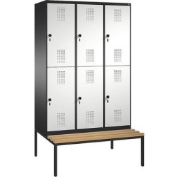 C+P Penderie EVOLO à deux étages, avec banc, 3 compartiments, 2 casiers chacun, largeur compartiments 400 mm, gris noir / gris clair
