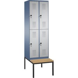 C+P Penderie EVOLO à deux étages, avec banc, 2 compartiments, 2 casiers chacun, largeur compartiments 300 mm, bleu distant / aluminium