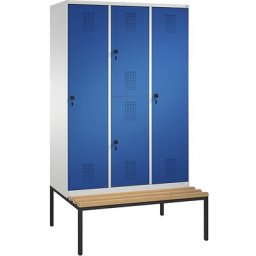 C+P Armoire combinée EVOLO, à un ou deux étages, avec banc, 3 compartiments, 4 portes, largeur compartiments 400 mm, gris clair / bleu gentiane