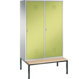 C+P Penderie CLASSIC avec banc inférieur, porte au-dessus de 2 compartiments, 4 compartiments, largeur compartiments 300 mm, gris clair / vert viridin