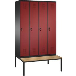 C+P Penderie EVOLO avec banc, 4 compartiments, largeur compartiments 300 mm, gris noir / rouge rubis