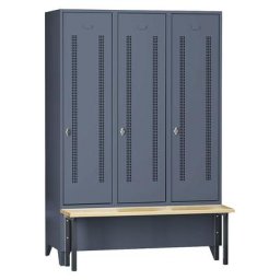 Wolf Vestiaire avec banc frontal, portes en tôle perforée, largeur compartiments 400 mm, 3 compartiments, gris bleu