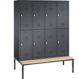 C+P Penderie CLASSIC avec banc inférieur, à deux étages, 4 compartiments, 2 casiers chacun, largeur compartiments 400 mm, gris noir