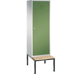 C+P Penderie CLASSIC avec banc inférieur, porte au-dessus de 2 compartiments, 2 compartiments, largeur compartiments 300 mm, gris clair / vert réséda