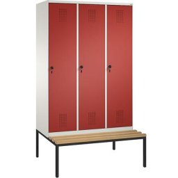C+P Penderie EVOLO avec banc, 3 compartiments, largeur compartiments 400 mm, blanc pur / rouge feu