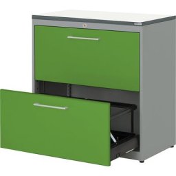 mauser Classeur pour dossiers suspendus, plateau en plastique, 2 tiroirs, 2 rangées, fermeture amortie, aluminium / vert jaune / blanc