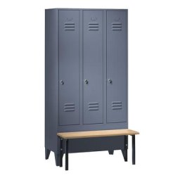 Wolf Vestiaire avec banc frontal, portes à parois pleines, largeur compartiments 300 mm, 3 compartiments, gris bleu