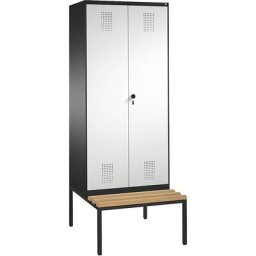 C+P Penderie EVOLO à portes fermant l'une contre l'autre, avec banc, 2 compartiments, largeur compartiments 400 mm, gris noir / gris clair