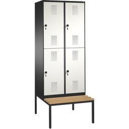 C+P Penderie EVOLO à deux étages, avec banc, 2 compartiments, 2 casiers chacun, largeur compartiments 400 mm, gris noir / blanc pur