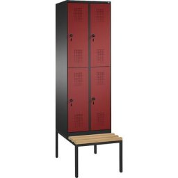 C+P Penderie EVOLO à deux étages, avec banc, 2 compartiments, 2 casiers chacun, largeur compartiments 300 mm, gris noir / rouge rubis