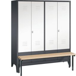 C+P Penderie CLASSIC avec banc frontal et portes fermant l'une contre l'autre, 4 compartiments, largeur compartiments 400 mm, gris noir / blanc trafic
