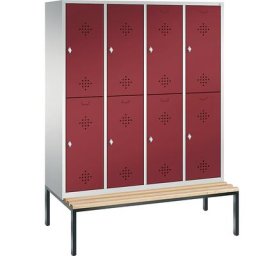 C+P Penderie CLASSIC avec banc inférieur, à deux étages, 4 compartiments, 2 casiers chacun, largeur compartiments 400 mm, gris clair / rouge rubis