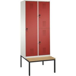 C+P Armoire combinée EVOLO, à un ou deux étages, avec banc, 2 compartiments, 3 portes, largeur compartiments 400 mm, blanc pur / rouge feu