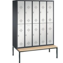 C+P Penderie CLASSIC avec banc inférieur, à deux étages, 5 compartiments, 2 casiers chacun, largeur compartiments 300 mm, gris noir / gris clair