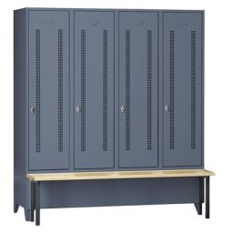 Wolf Vestiaire avec banc frontal, portes en tôle perforée, largeur compartiments 400 mm, 4 compartiments, gris bleu