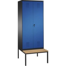 C+P Penderie EVOLO à portes fermant l'une contre l'autre, avec banc, 2 compartiments, largeur compartiments 400 mm, gris noir / bleu gentiane