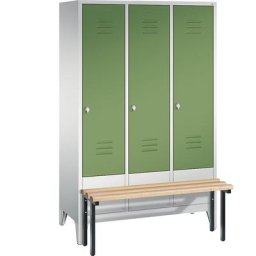 C+P Vestiaire CLASSIC avec banc frontal, 3 compartiments, largeur compartiments 400 mm, gris clair / vert réséda