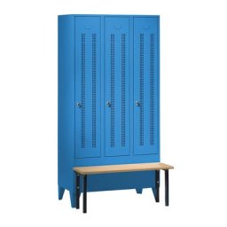 Wolf Vestiaire avec banc frontal, portes en tôle perforée, largeur compartiments 300 mm, 3 compartiments, bleu clair