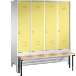C+P Vestiaire CLASSIC avec banc frontal, 4 compartiments, largeur compartiments 400 mm, gris clair / jaune soufre