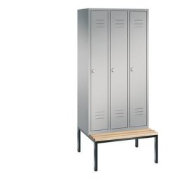 C+P Vestiaire CLASSIC avec banc monté en dessous, 3 compartiments, largeur compartiments 300 mm, aluminium