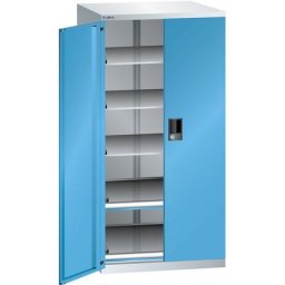 LISTA Armoire à tiroirs à portes battantes, hauteur 1450 mm, 5 tablettes, charge max. 200 kg, gris clair / bleu clair