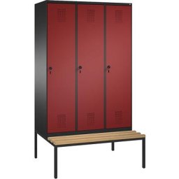 C+P Penderie EVOLO avec banc, 3 compartiments, largeur compartiments 400 mm, gris noir / rouge rubis