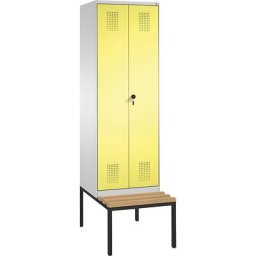 C+P Penderie EVOLO à portes fermant l'une contre l'autre, avec banc, 2 compartiments, largeur compartiments 300 mm, gris clair / jaune soufre