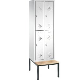C+P Penderie CLASSIC avec banc inférieur, à deux étages, 2 compartiments, 2 casiers chacun, largeur compartiments 300 mm, blanc trafic