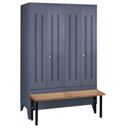 Wolf Vestiaire avec banc frontal, portes en tôle perforée, largeur compartiments 600 mm, 2 compartiments, gris bleu