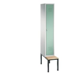 C+P Vestiaire CLASSIC avec banc monté en dessous, 1 compartiment, largeur compartiment 300 mm, gris clair / vert clair