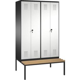 C+P Penderie EVOLO à portes fermant l'une contre l'autre, avec banc, 4 compartiments, largeur compartiments 300 mm, gris noir / gris clair