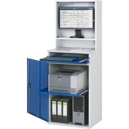 RAU Poste multi-usages, compartiment pour écran, 1 tablette coulissante, largeur 650 mm, gris clair / bleu gentiane