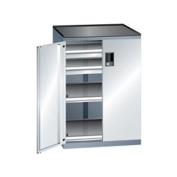 LISTA Armoire à tiroirs à portes battantes, hauteur 1020 mm, 2 tablettes, 2 tiroirs, charge max. 75 kg, gris métallisé / gris clair