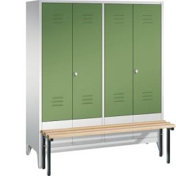 C+P Penderie CLASSIC avec banc frontal et portes fermant l'une contre l'autre, 4 compartiments, largeur compartiments 400 mm, gris clair / vert réséda