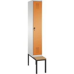 C+P Penderie EVOLO avec banc, 1 compartiment, largeur compartiment 300 mm, gris clair / orange jaune