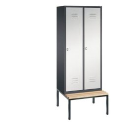C+P Vestiaire CLASSIC avec banc monté en dessous, 2 compartiments, largeur compartiments 400 mm, gris noir / gris clair