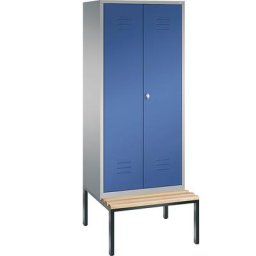 C+P Penderie CLASSIC avec banc inférieur et portes fermant l'une contre l'autre, 2 compartiments, largeur compartiments 400 mm, aluminium / bleu gentiane