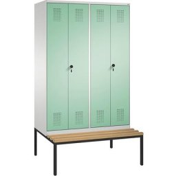 C+P Penderie EVOLO à portes fermant l'une contre l'autre, avec banc, 4 compartiments, largeur compartiments 300 mm, gris clair / vert clair