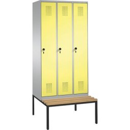 C+P Penderie EVOLO avec banc, 3 compartiments, largeur compartiments 300 mm, aluminium / jaune soufre