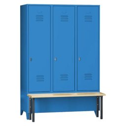 Wolf Vestiaire avec banc frontal, portes à parois pleines, largeur compartiments 400 mm, 3 compartiments, bleu clair