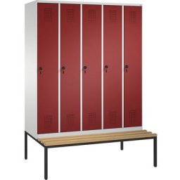 C+P Penderie EVOLO avec banc, 5 compartiments, largeur compartiments 300 mm, gris clair / rouge rubis