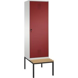 C+P Penderie EVOLO avec banc, porte au-dessus de 2 compartiments, 2 compartiments, 1 porte, largeur compartiments 300 mm, gris clair / rouge rubis
