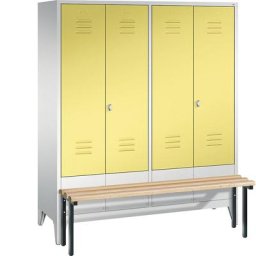 C+P Penderie CLASSIC avec banc frontal et portes fermant l'une contre l'autre, 4 compartiments, largeur compartiments 400 mm, gris clair / jaune soufre