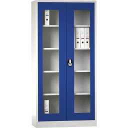 Wolf Armoire à portes battantes avec serrure électronique, avec portes vitrées, gris clair / bleu gentiane