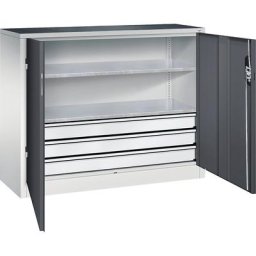 C+P Armoire d'atelier hauteur bureau avec portes battantes et tiroirs, h x l x p 1000 x 1200 x 400 mm, gris clair / gris noir