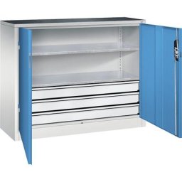 C+P Armoire d'atelier hauteur bureau avec portes battantes et tiroirs, h x l x p 1000 x 1200 x 400 mm, gris clair / bleu clair